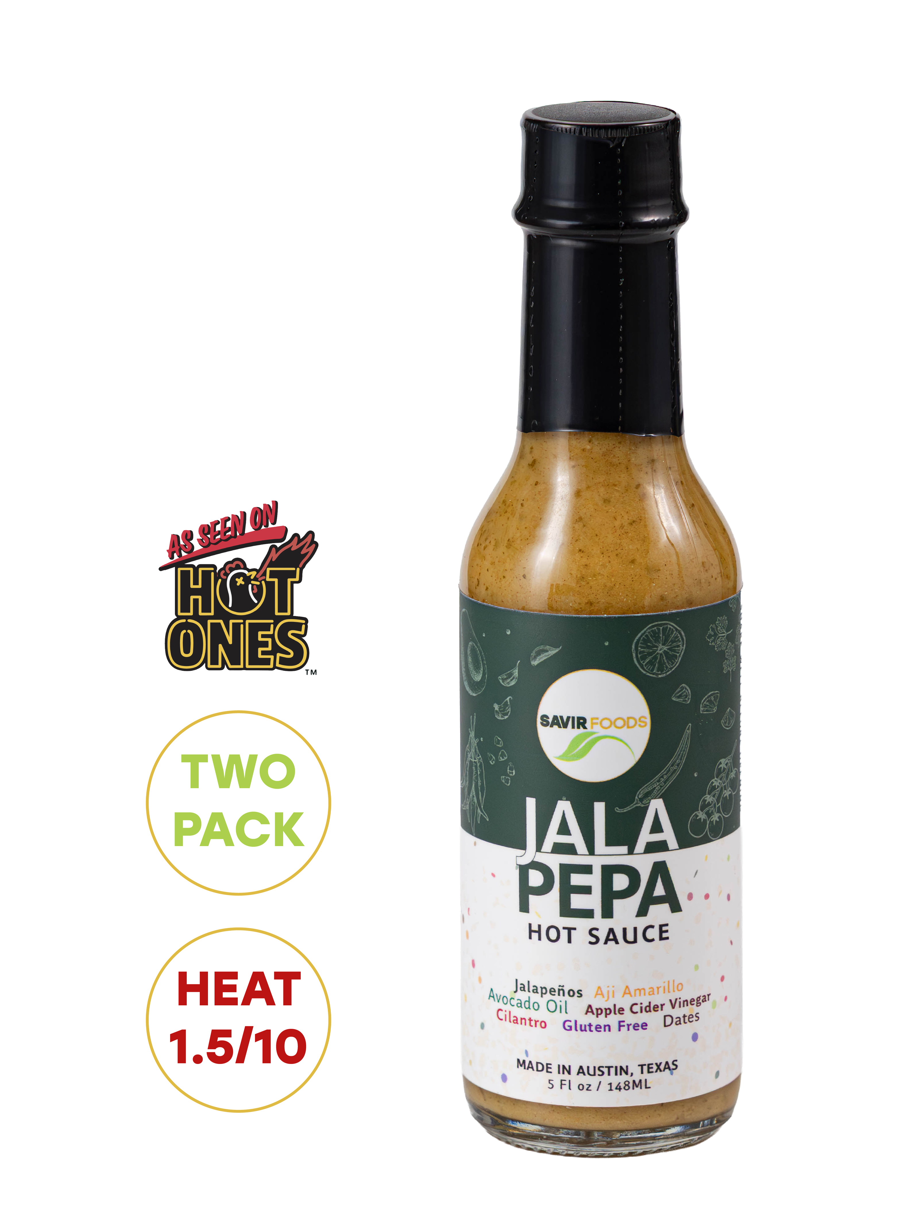 SAVIR Foods Jala Pepa hot sauce 2-pack with vibrant peppers and sauce bottles, as seen on Hot Ones, spicy and flavorful condiment